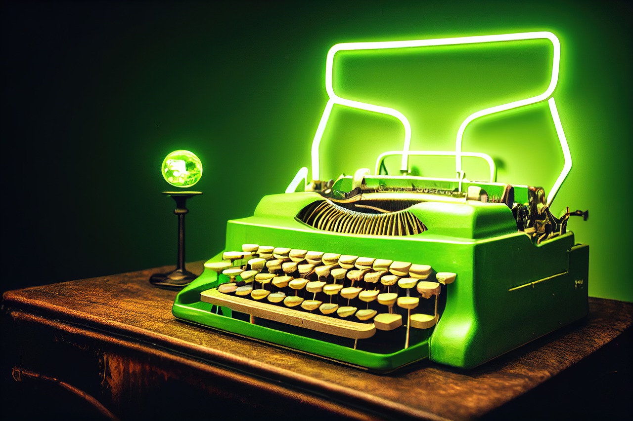 Spooky neon green typewriter representing ghostwriting. 