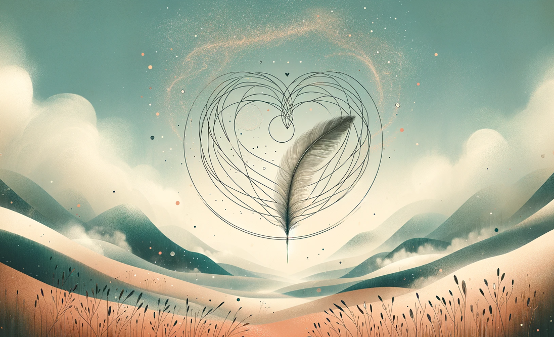 An image of a floating quill surrounded by a heart in the sky meant to represent heartfelt writing prompts. 