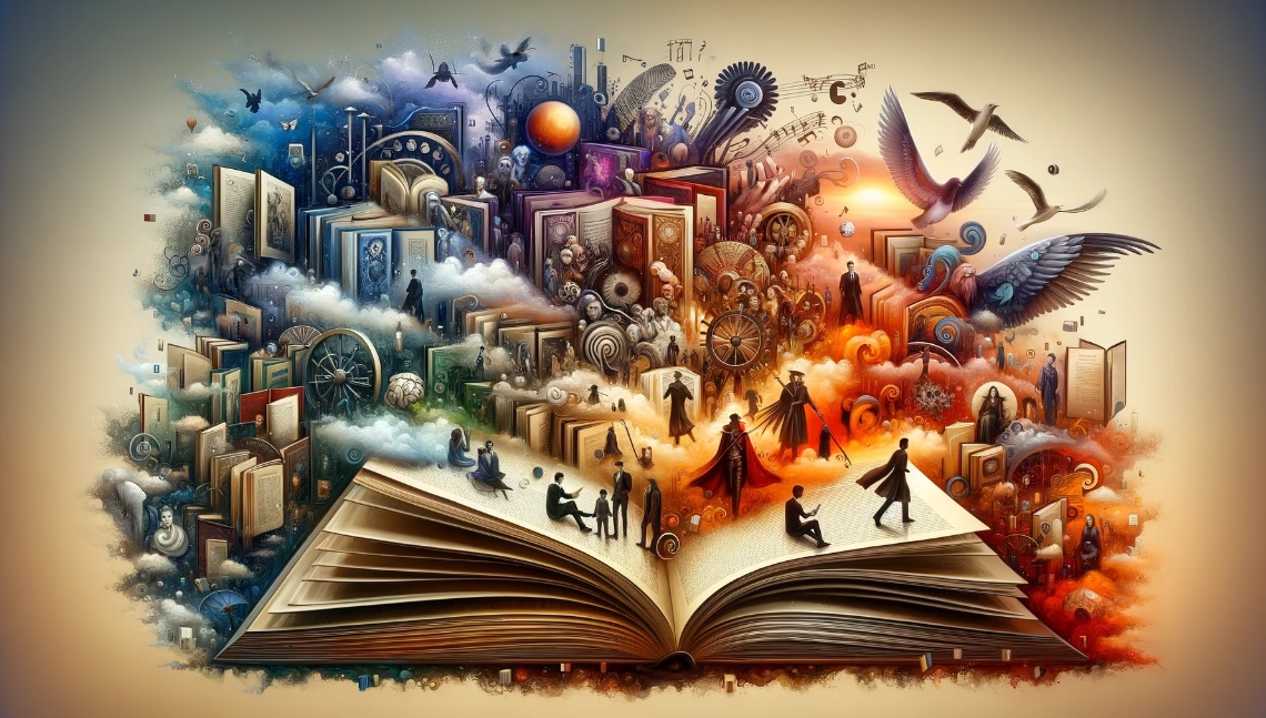 Open book and many characters representing point-of-view in literature.
