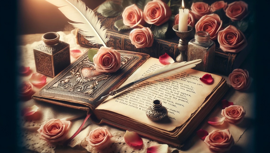An open book on poems about love, showing a love poem on the open page. Pic represents romantic poems, romantic poetry, and an article about love poems.