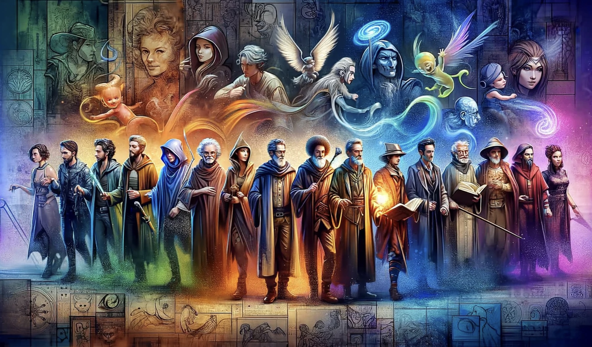 An artistic depiction of a group of diverse and intriguing characters standing together, representing a range of different character archetypes found in storytelling. The scene is dynamic and colorful, showcasing characters such as a heroic figure, a wise mentor, a cunning villain, a mischievous trickster, and a nurturing caregiver. Each character should be distinct and embody the essence of their archetype, expressing their unique traits and personalities. The background is a collage of various storybook settings, blending elements of fantasy, adventure, and drama to symbolize the diverse worlds these archetypes inhabit. The image should evoke a sense of narrative depth and the rich tapestry of character-driven storytelling, suitable as a main image for an article about character archetypes.