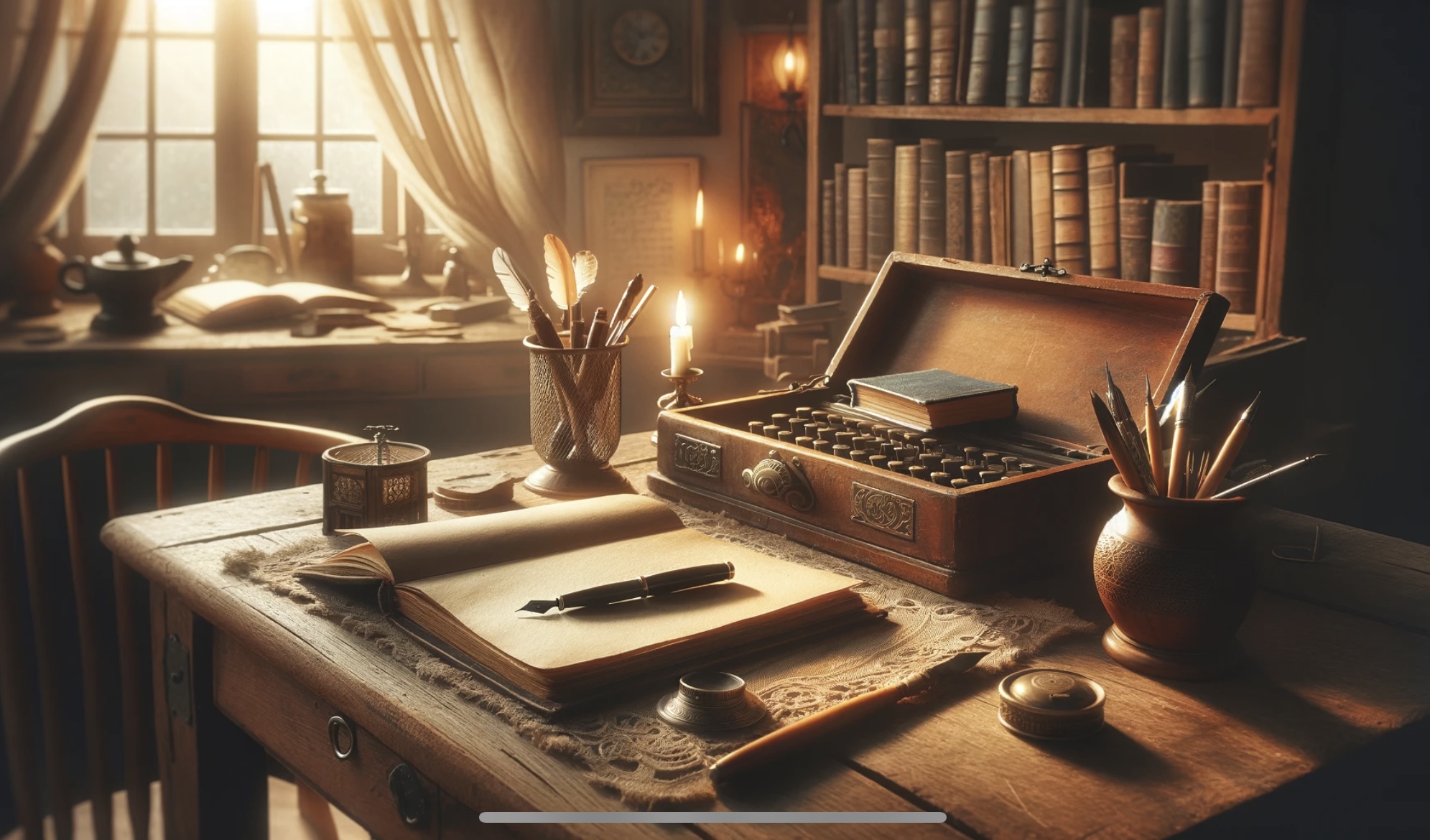 An artistic and inspirational image representing the concept of writing craft. The image features a vintage wooden desk in a cozy, softly lit room. On the desk, there's an open notebook with a fountain pen beside it, suggesting the act of writing. The background includes a bookshelf filled with various books, symbolizing a wealth of knowledge and inspiration. Soft, warm lighting creates an inviting and contemplative atmosphere, ideal for writing and creativity. The scene embodies the essence of a writer's workspace, full of character and inspiration, perfect for a blog post about improving writing craft.