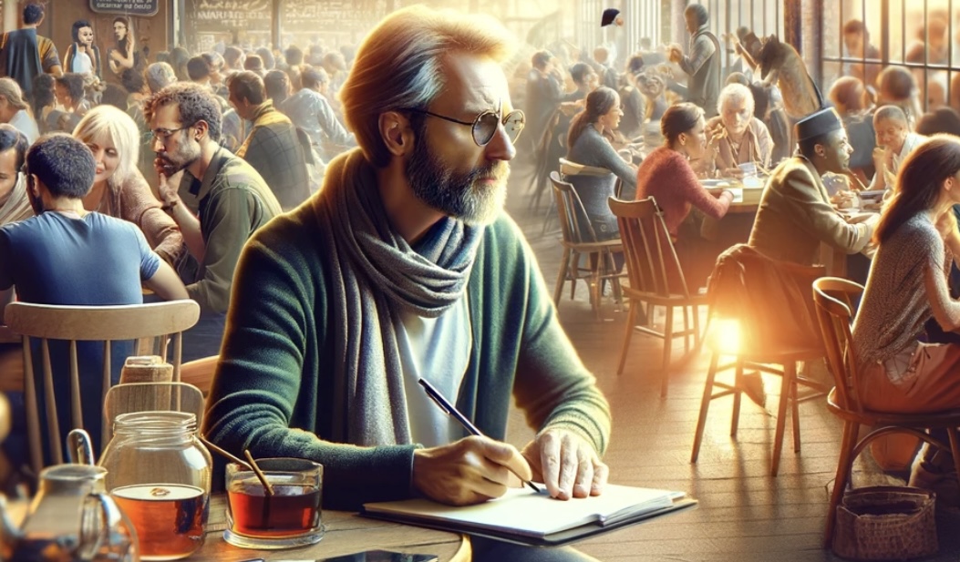Image of a writer eavesdropping in a cafe, representing how to write dialogue, dialogue writing tips, writing dialogue examples