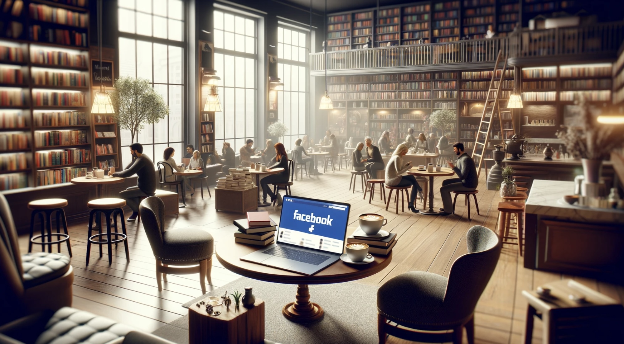 Here is a wide-angle image depicting a cozy and inviting coffee shop corner, which metaphorically represents an author Facebook page, Facebook marketing for authors, and author Facebook page tips. 