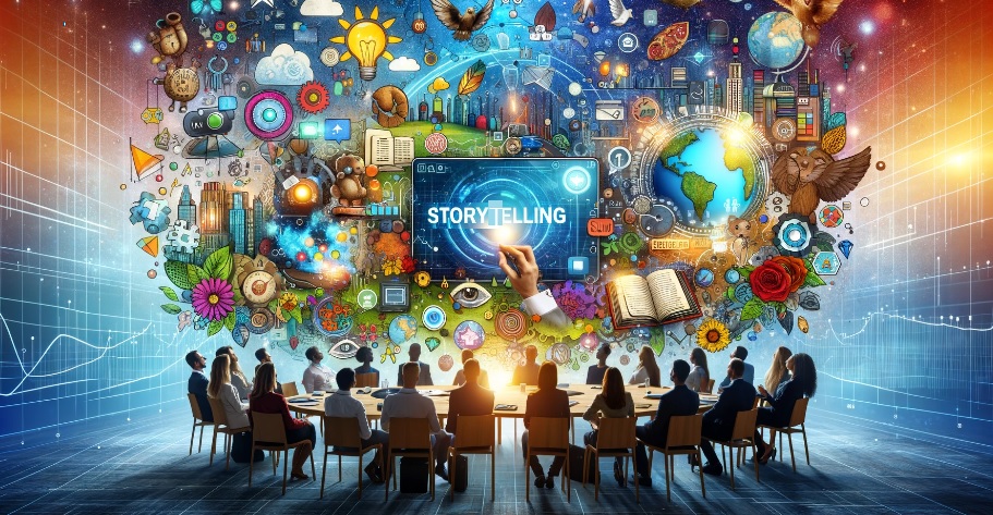 A wide-format image that illustrates the theme of storytelling in marketing, showcasing the impact of storytelling as a key element in modern marketing strategies.