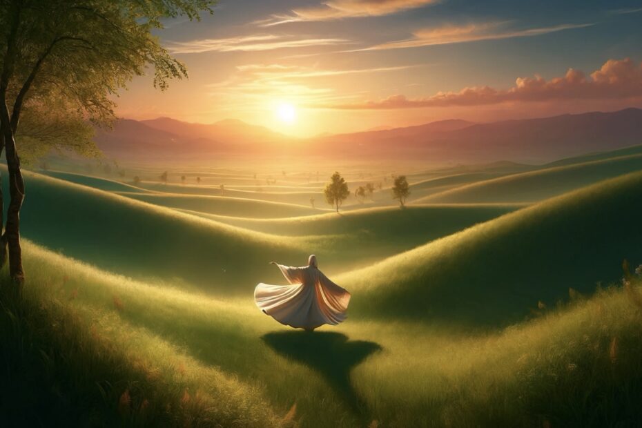 Rumi poetry, a tranquil scene of a person spinning in the fields.