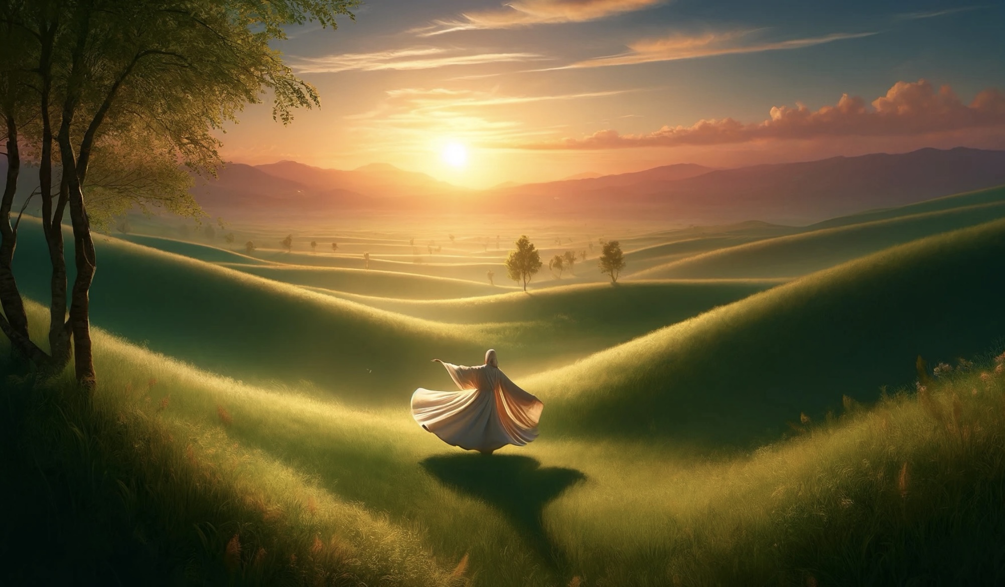 A person in robes spinning in a tranquil field representing the poetry of Rumi. 