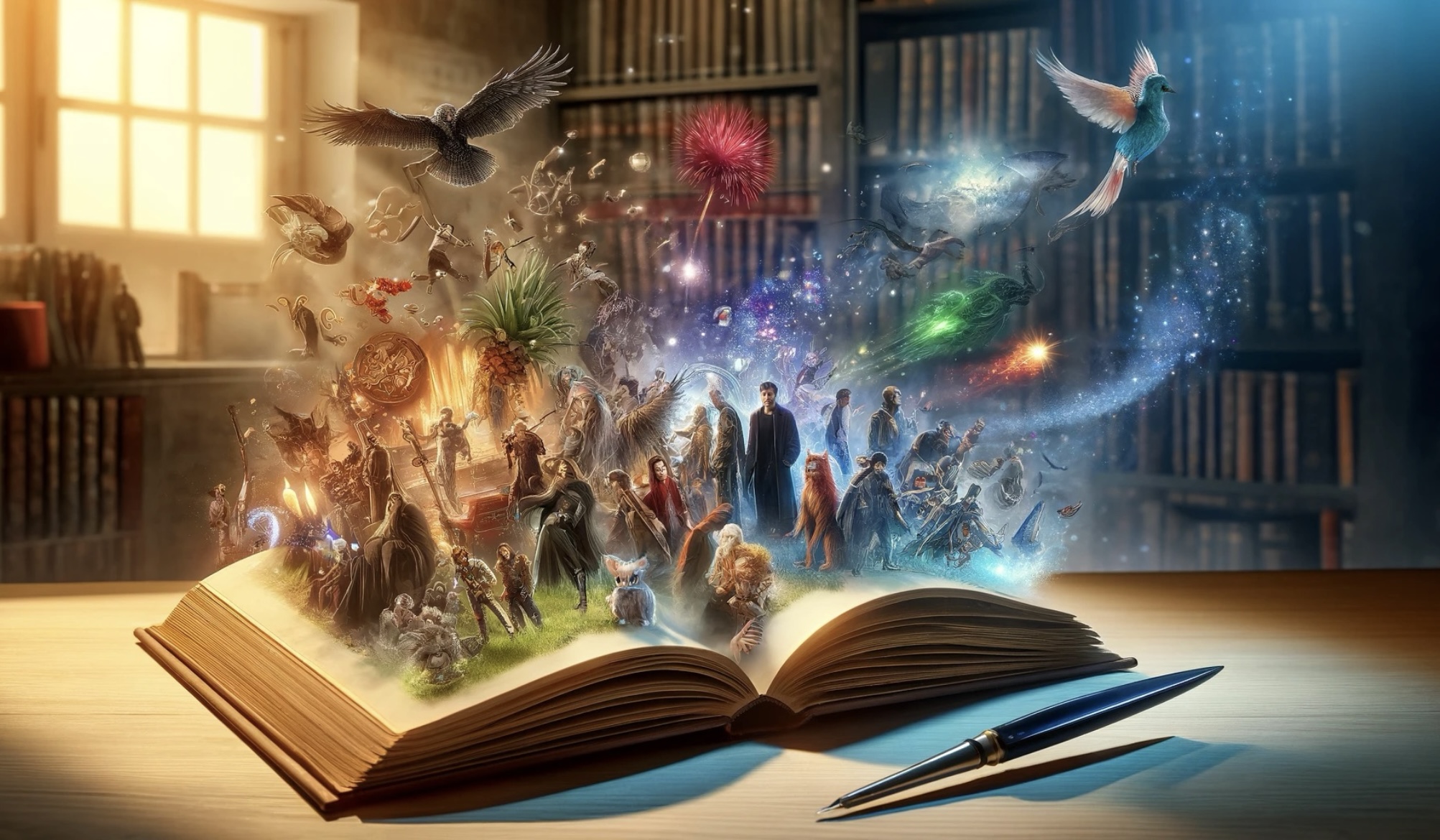 A collage of strange creatures and characters on an open book, representing fan fiction. 